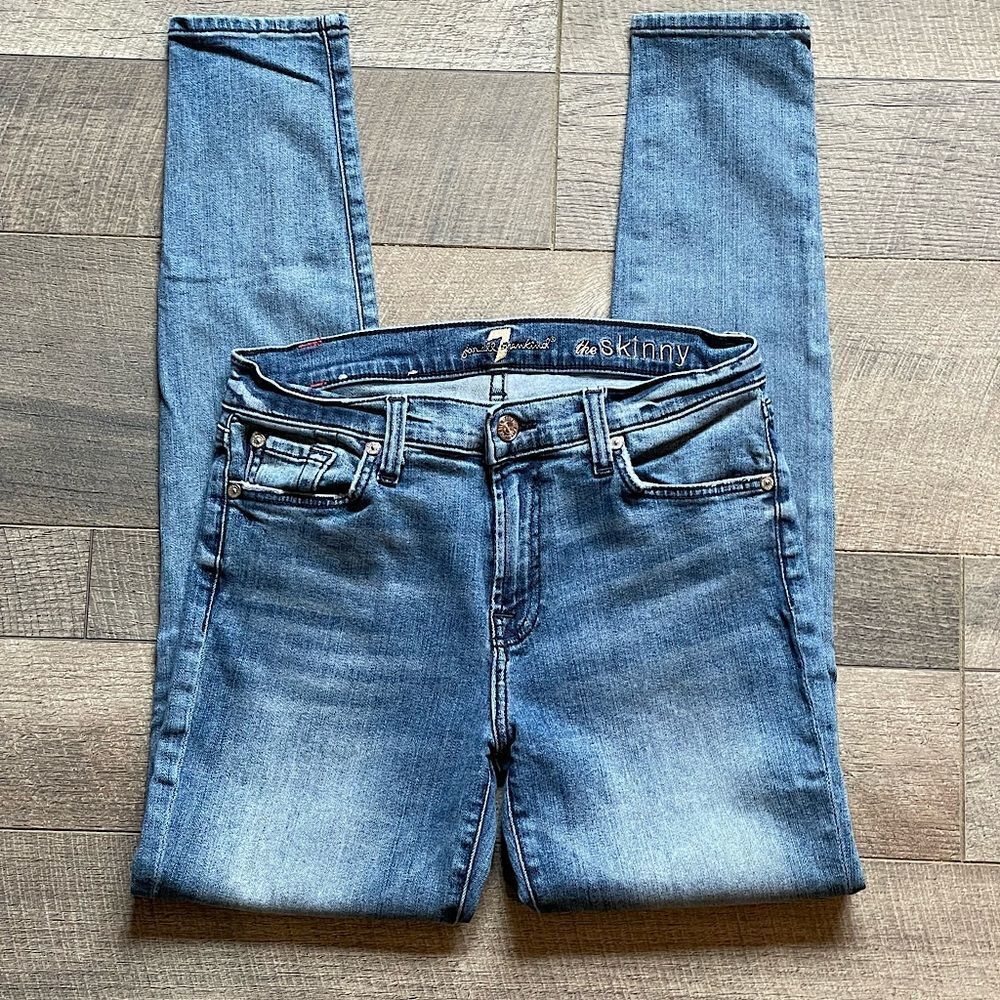 7 For All Mankind, Women’s, Medium-Wash, “The Skinny” Jeans. Size 28.